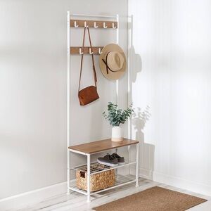White and Natural Wood Entryway Organizer with Bench and Hooks